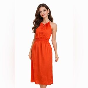 Anne Klein Women's Coral Punch High‎ Neck Halter Pleated Midi Dress Size 16 NWT